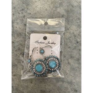 Fashion Earrings Blue Rhinestone Turquoise Tone Dangle Circular